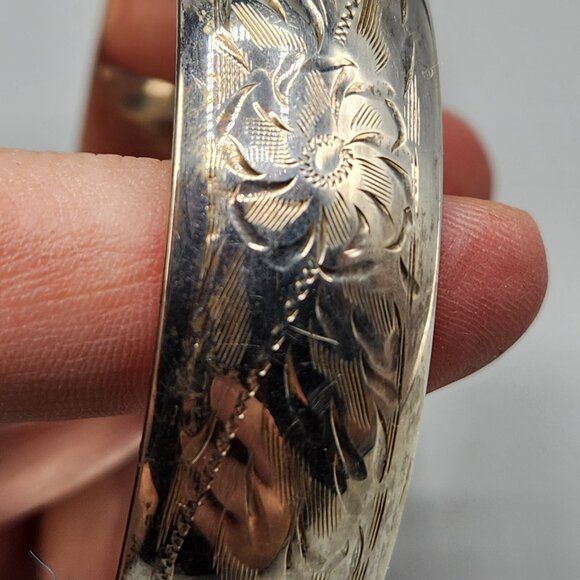 Hinged Bangle Bracelet Floral Engraved Sterling Silver SMIBO Stamp ~25g - Picture 5 of 9